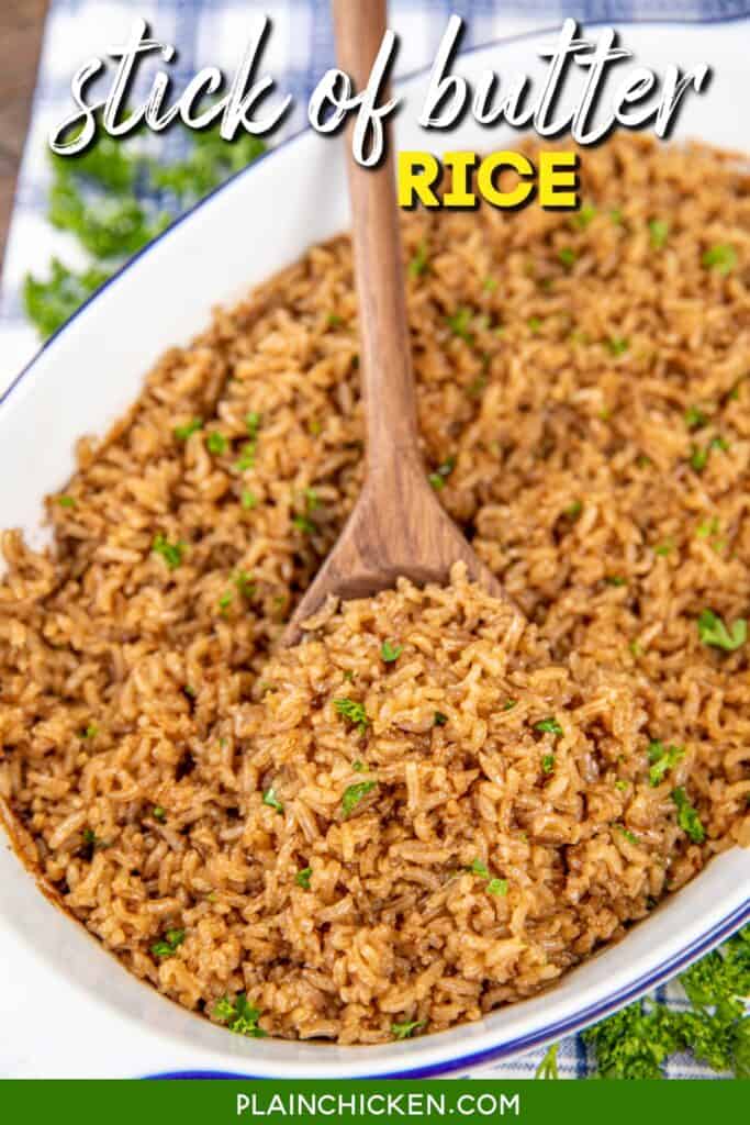 scooping brown rice from baking dish with text overlay