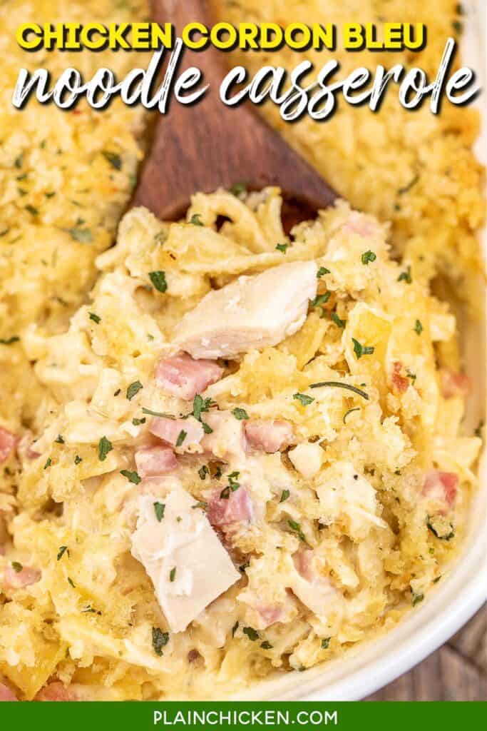 scooping chicken cordon bleu casserole from baking dish with text overlay