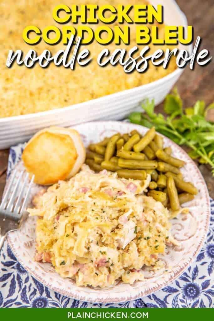plate of chicken cordon bleu casserole with text overlay
