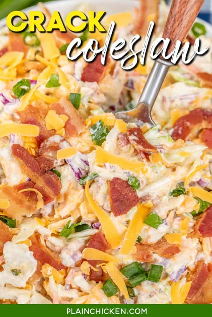 sticking a fork into a bowl of slaw with cheese and bacon with text overlay