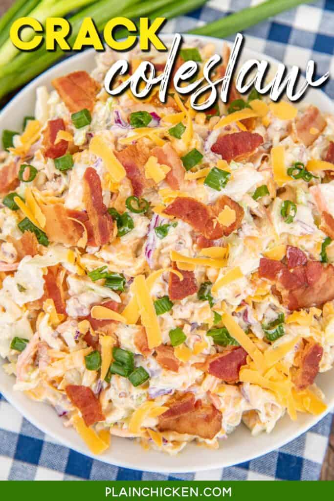 bowl of coleslaw topped with cheddar and bacon with text overlay