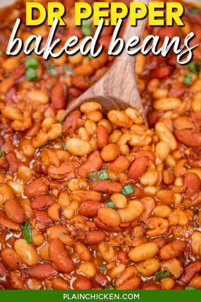scooping dr pepper baked beans from cooking pot with text overrlay
