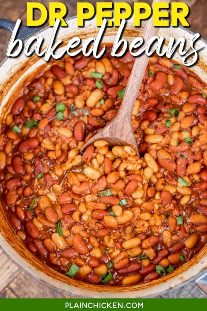 scooping dr pepper baked beans from cooking pot with text overrlay