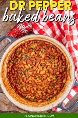 dutch oven of dr pepper baked beans with text overlay