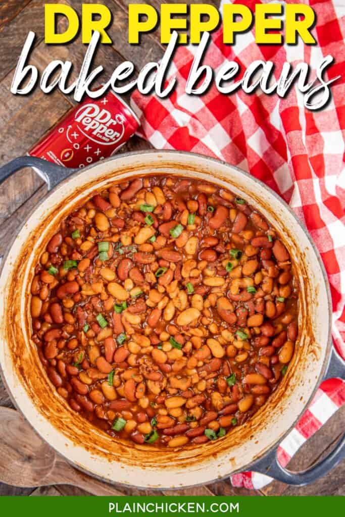 dutch oven of dr pepper baked beans with text overlay