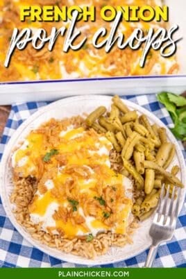 plate of pork chops with green beans with text overlay