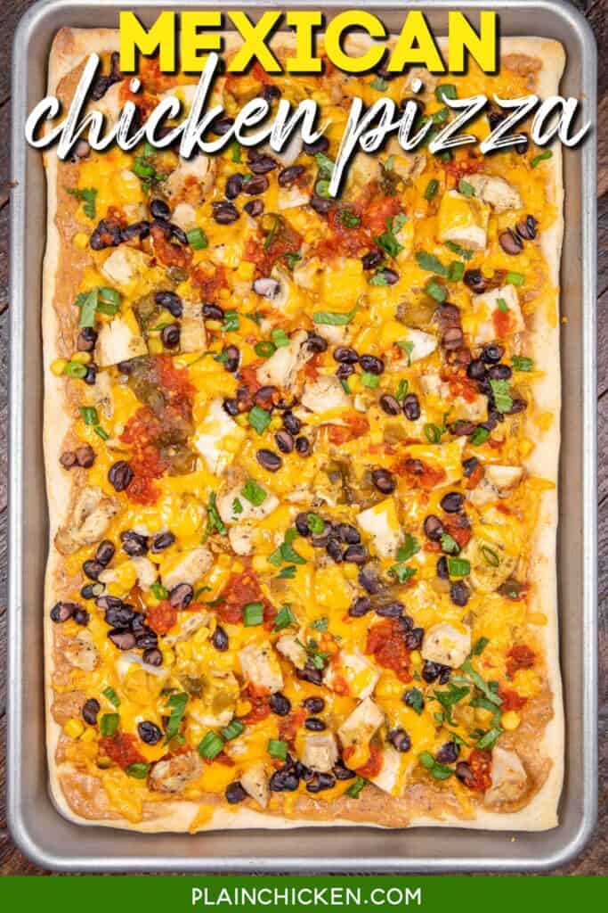 chicken pizza in a rimmed baking sheet with text overlay
