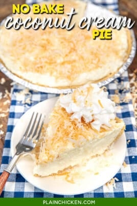 slice of no bake coconut pie topped with whipped cream on a plate with text overla