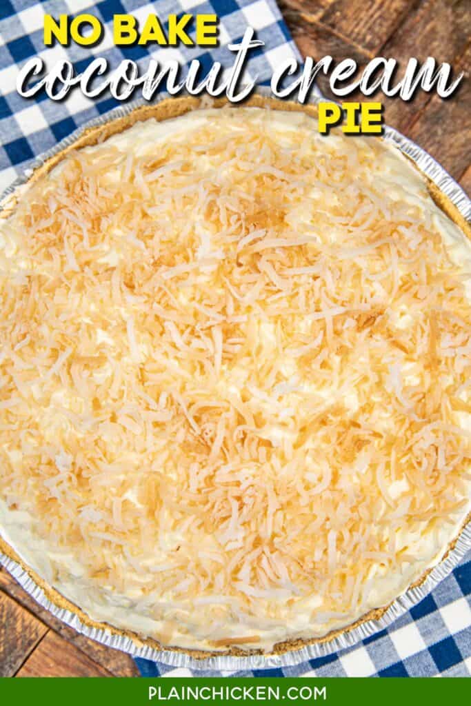 whole coconut cream pie on a tablecloth with text overlay