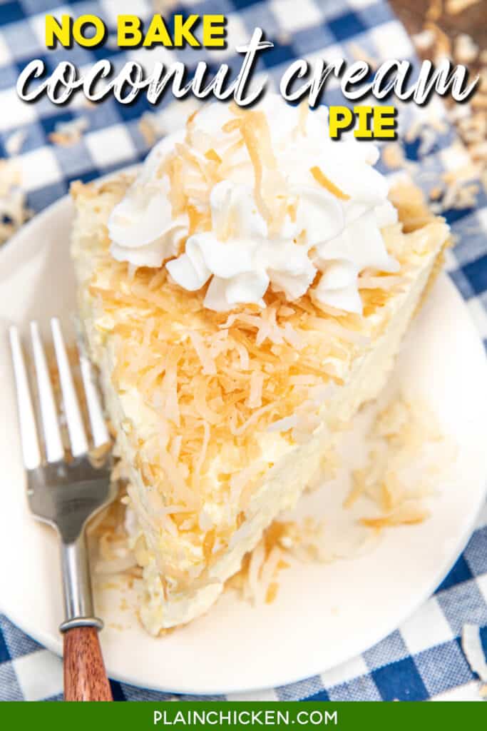 slice of coconut pie topped with whipped cream on a plate with text overlay
