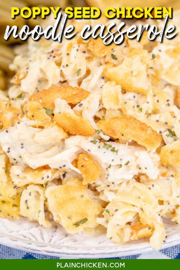 plate of chicken noodle casserole with text overlay