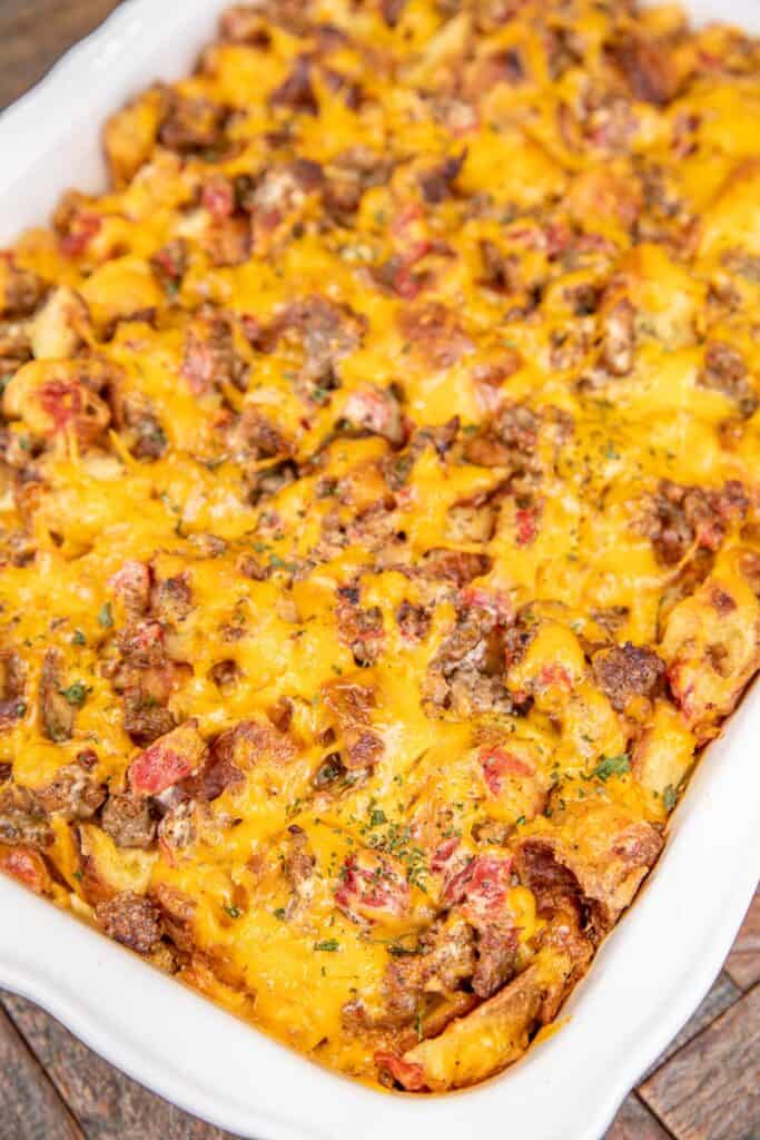 rotel sausage and cream cheese breakfast casserole in baking dish