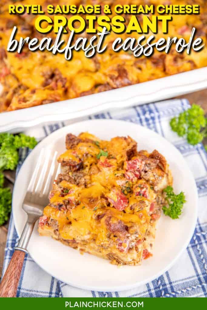 slice of croissant breakfast casserole on a plate with text overlay