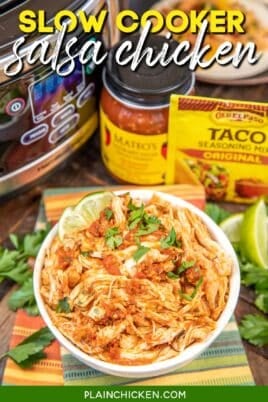 bowl of shredded salsa chicken with text overlay