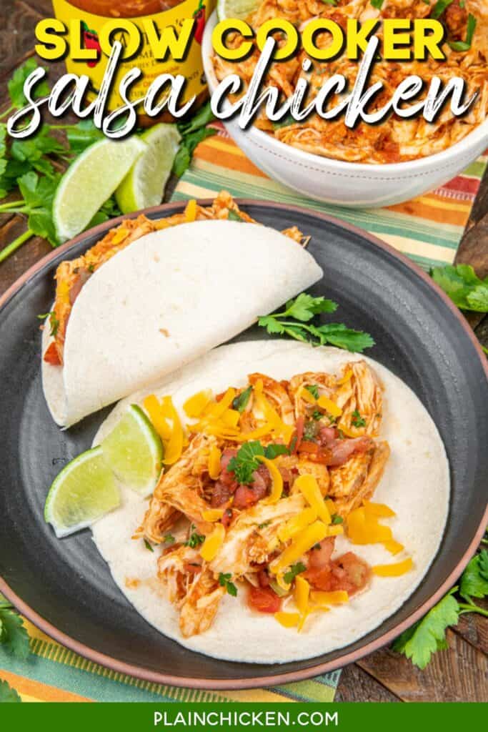 shredded chicken taco on a plate with text overlay
