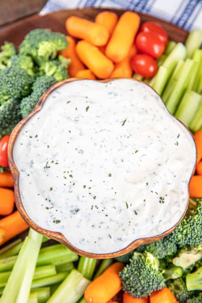 bowl of vegetable dip surrounded by fresh veggies