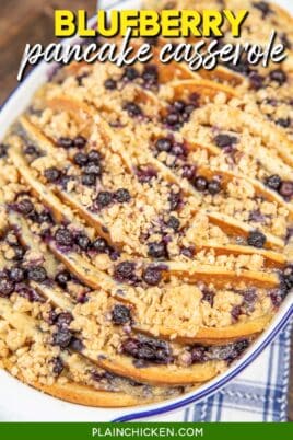 blueberry pancake casserole topped with streusel in a baking dish with text overlay