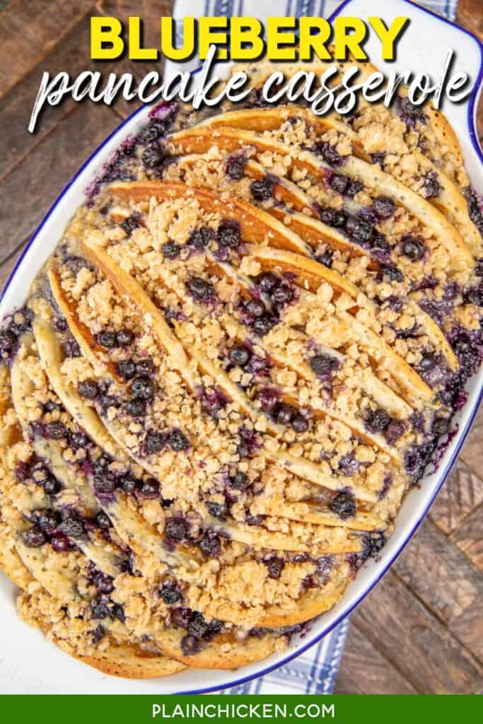 blueberry pancake casserole topped with streusel in a baking dish with text overlay