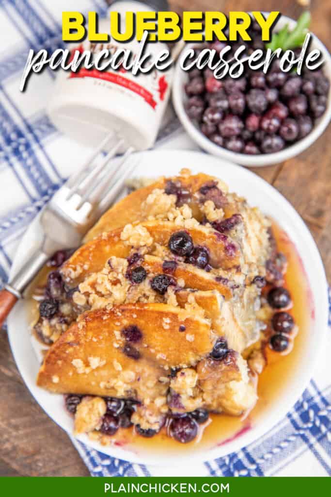 blueberry pancake casserole on a plate with syrup with text overlay