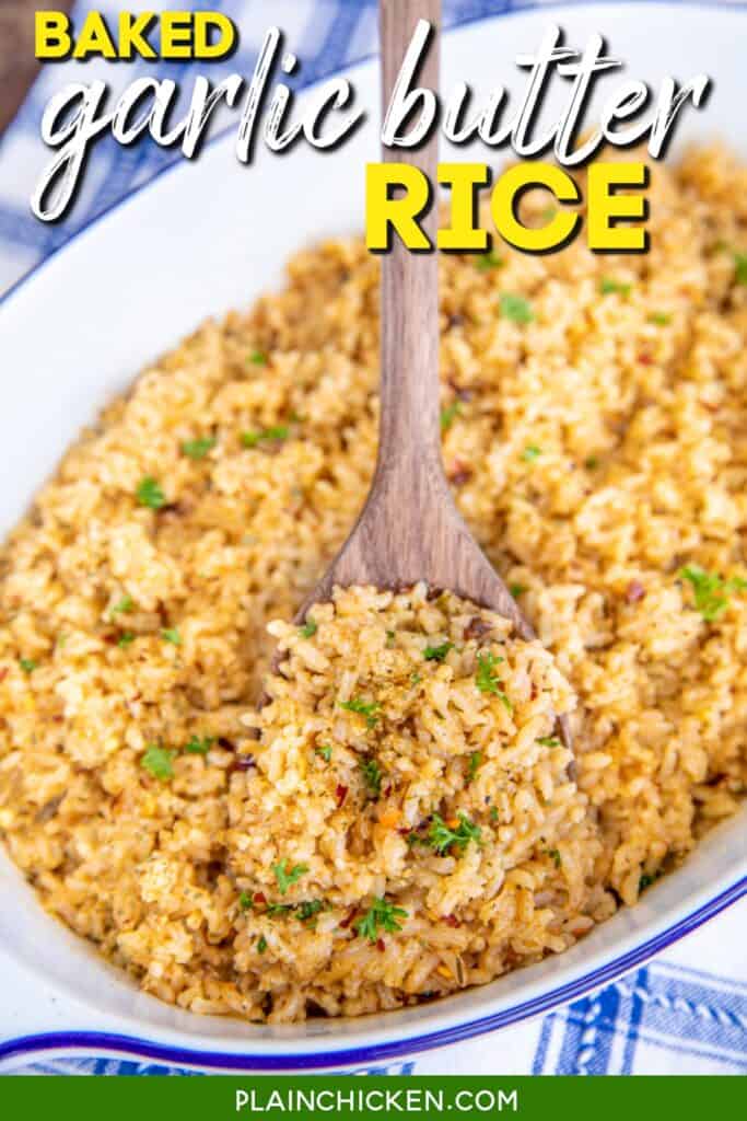 scooping rice from a baking dish with a spoon with text overlay