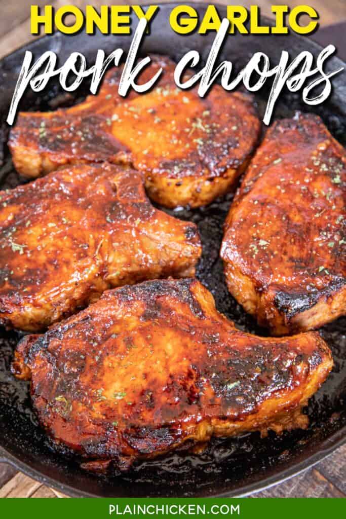 skillet of pork chops with text overlay