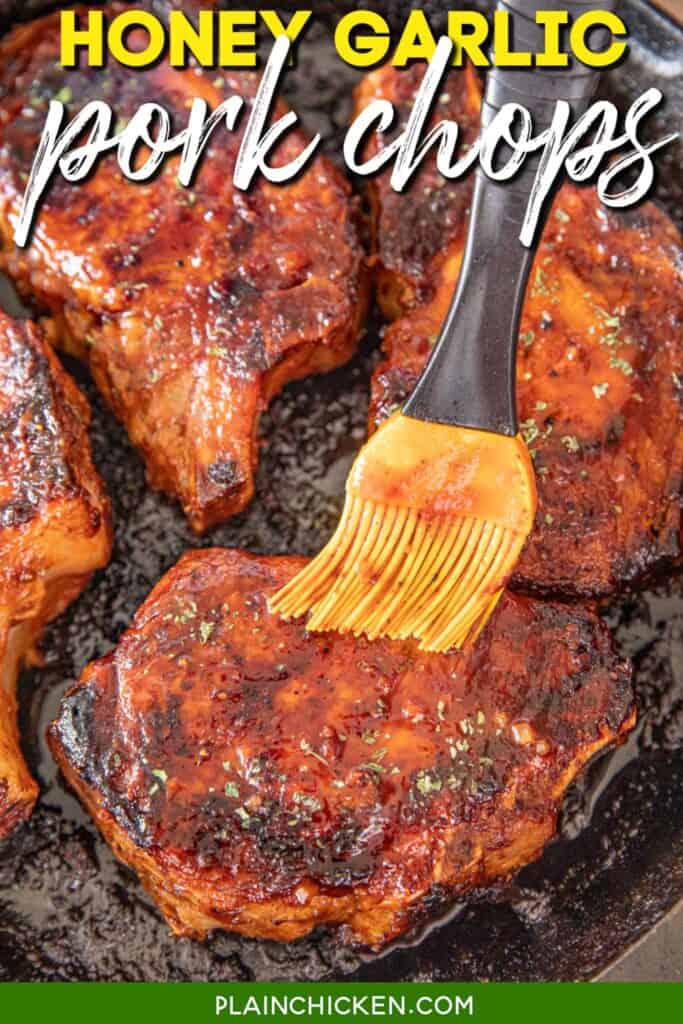 brushing pork chops with bbq sauce in a skillet with text overlay