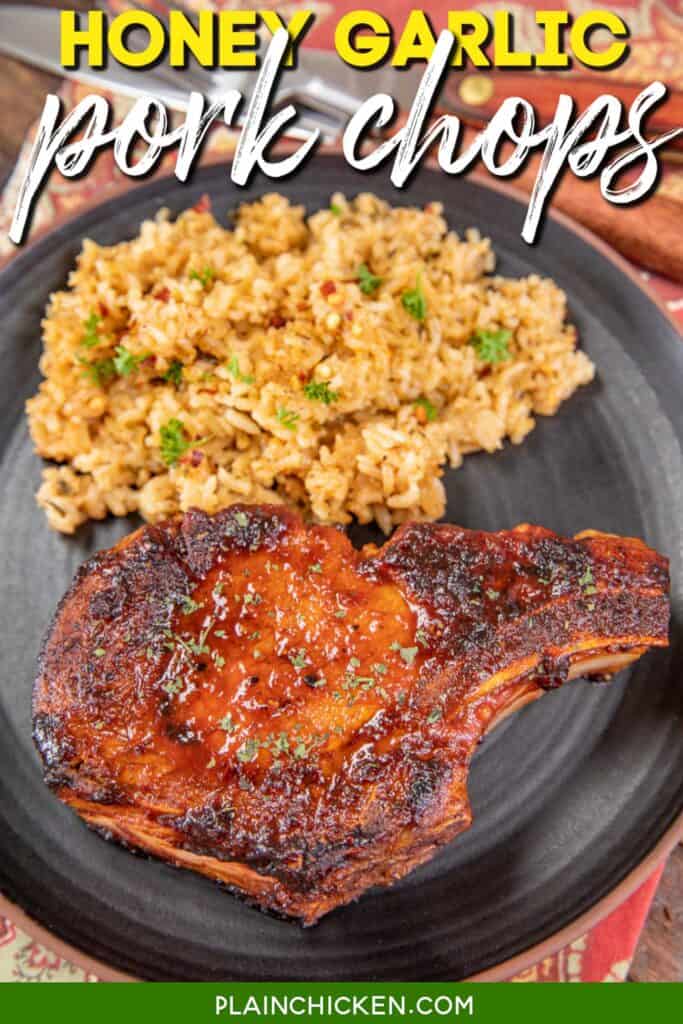 honey garlic pork chop on a plate with rice with text overlay