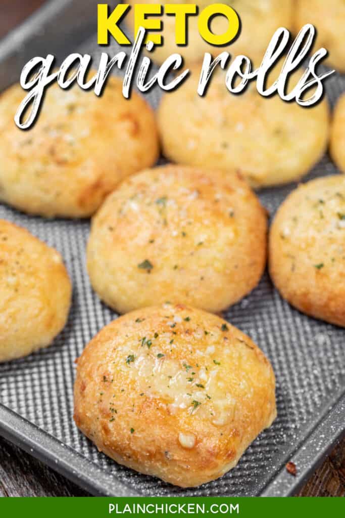 garlic rolls on a baking sheet with text overlay
