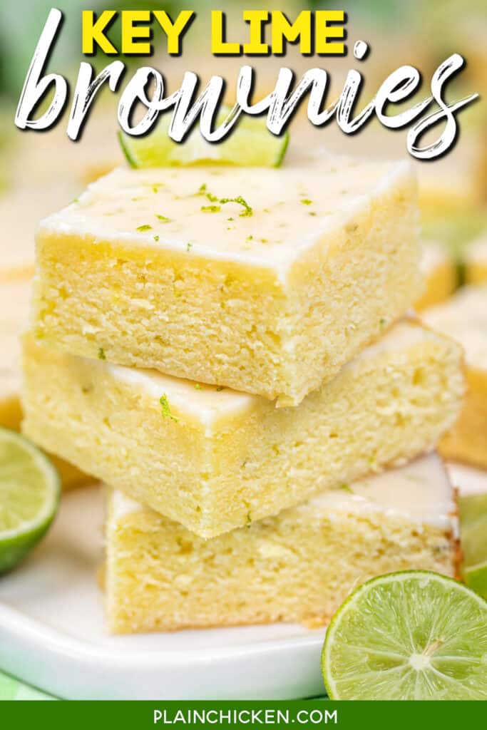 stack of key lime brownies on a platter with text overlay