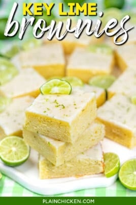 stack of key lime brownies on a platter with text overlay