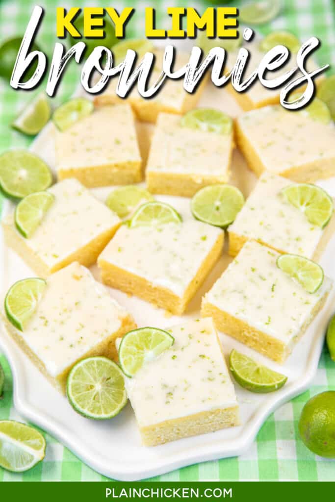 platter of key lime brownies with text overlay