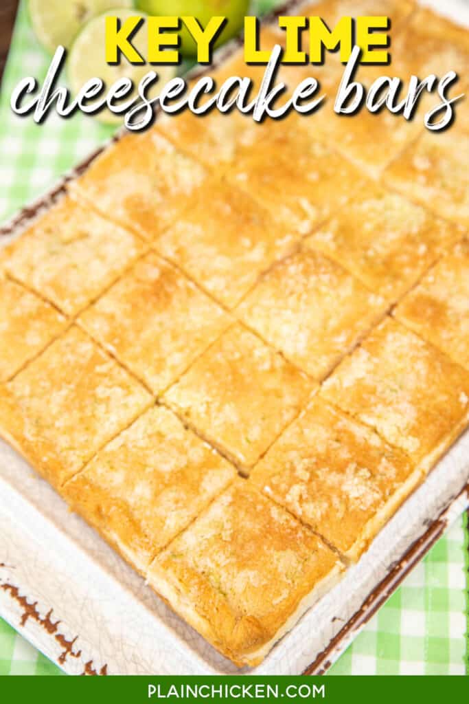 tray of key lime crescent roll cheesecake bars with text overlay