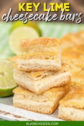 stack of 3 key lime cheesecake bars with text overlay