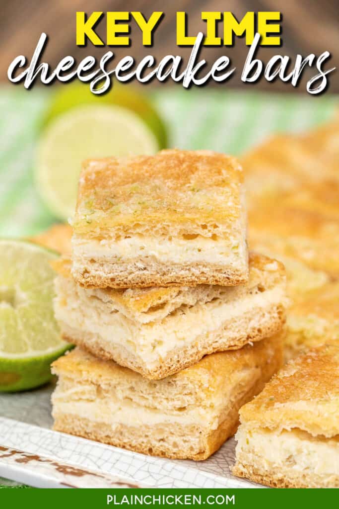 stack of 3 key lime cheesecake bars with text overlay
