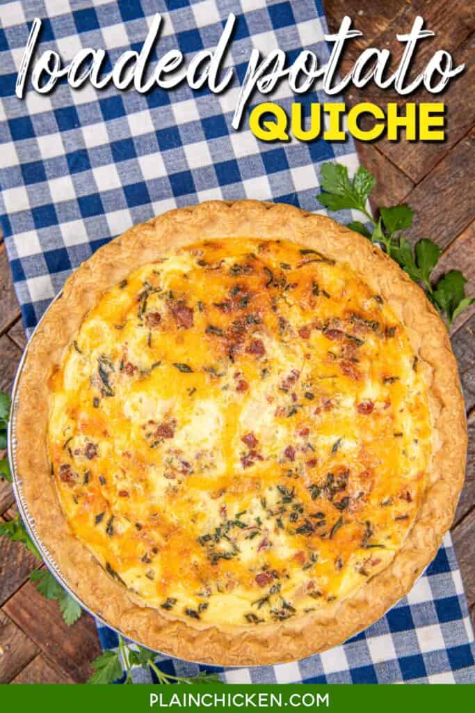baked quiche on a table with text overlay