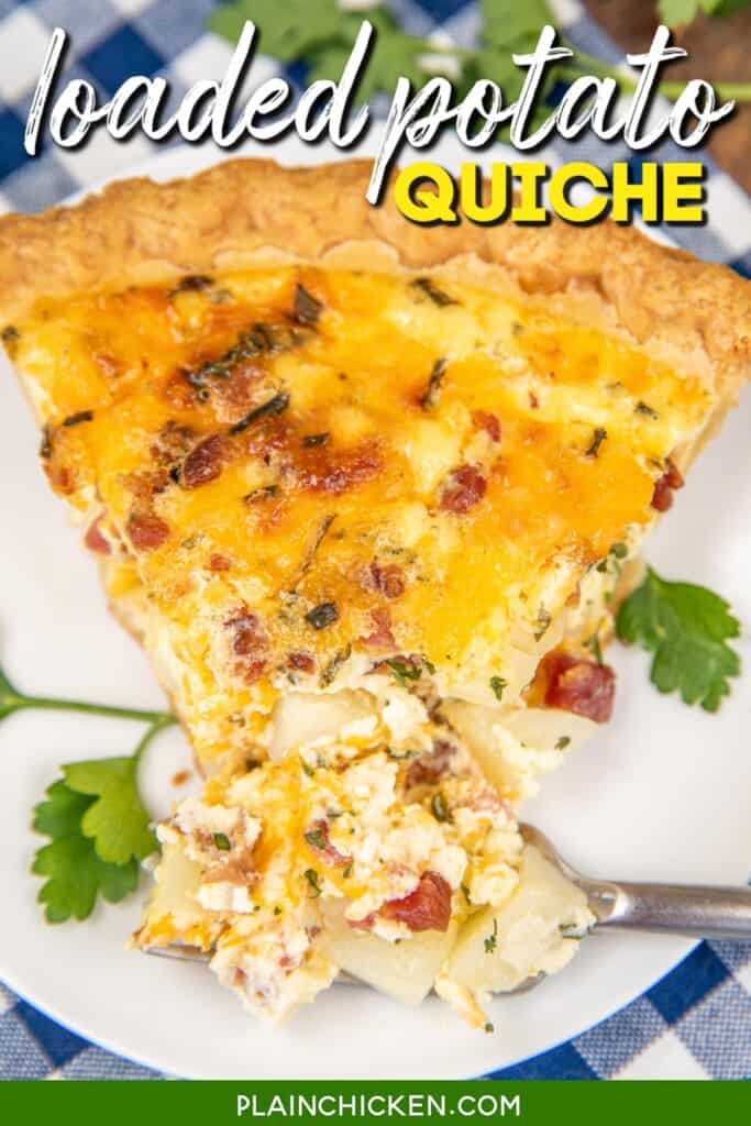 cutting into a slice of quiche on a plate with text overlay