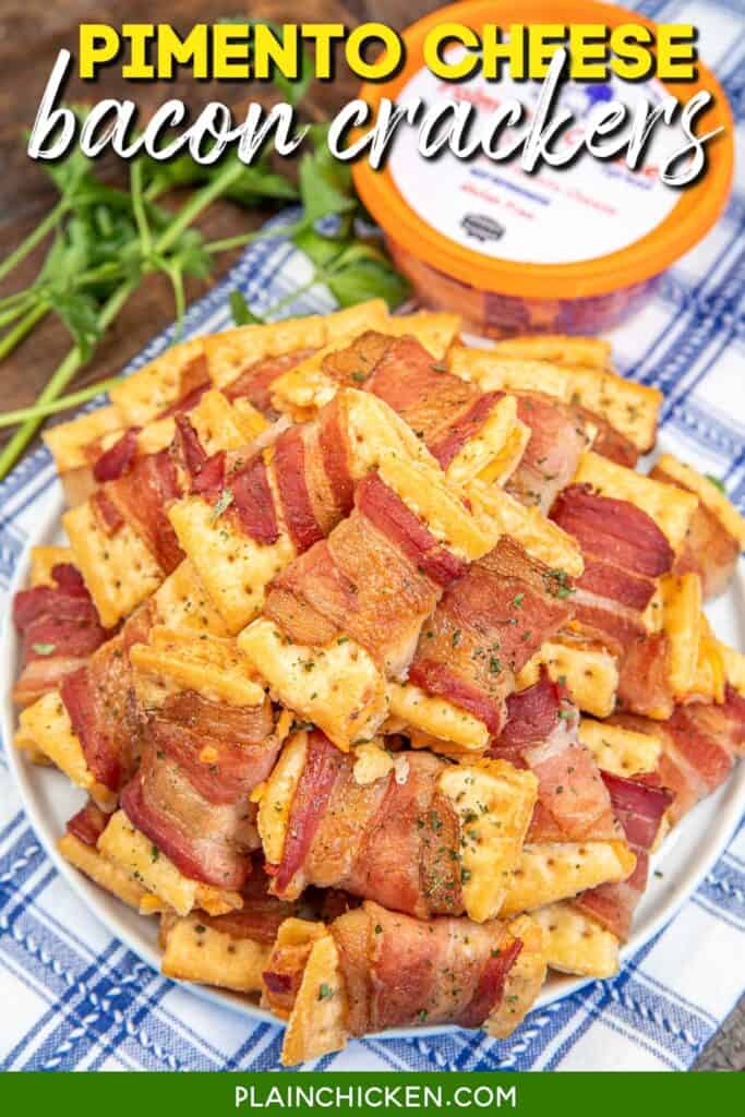 plate of pimento cheese bacon crackers with text overlay