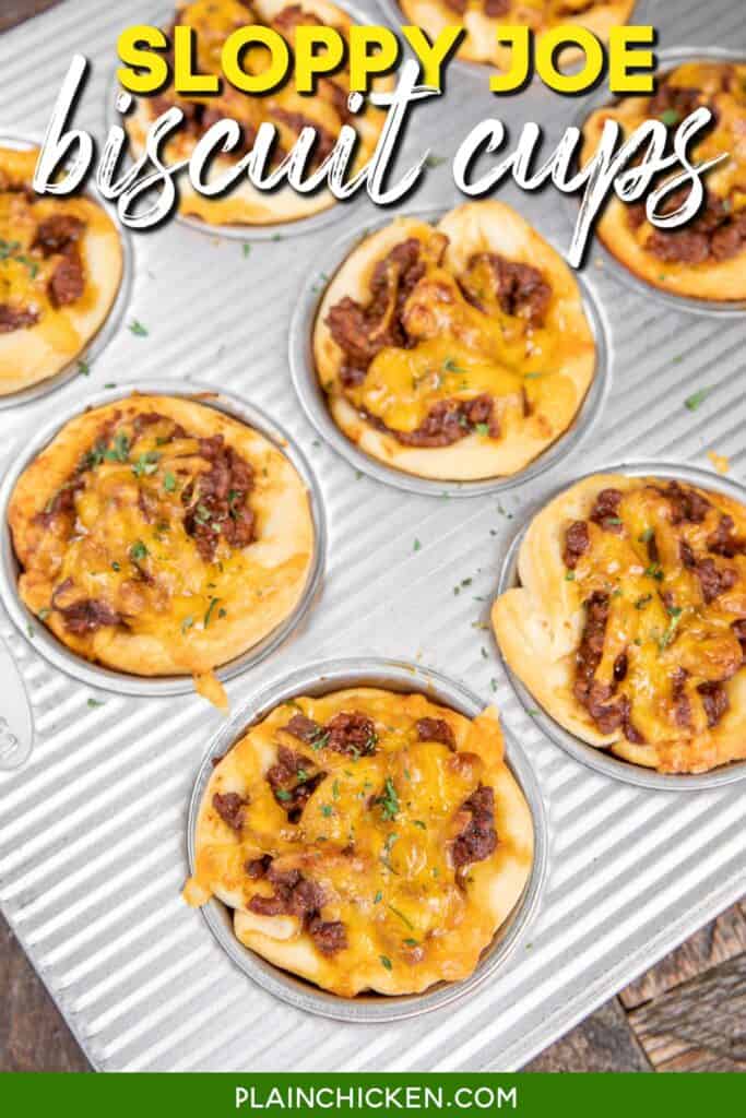 muffin pan of sloppy joe biscuits with text overlay