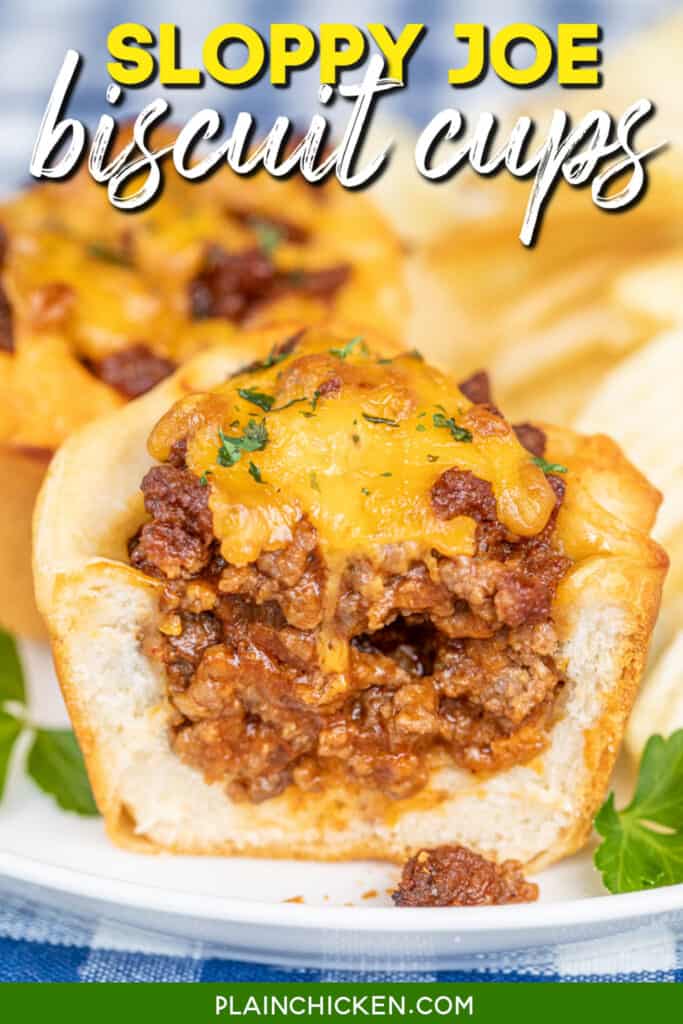 cross-section of a sloppy joe stuffed biscuit with text overlay