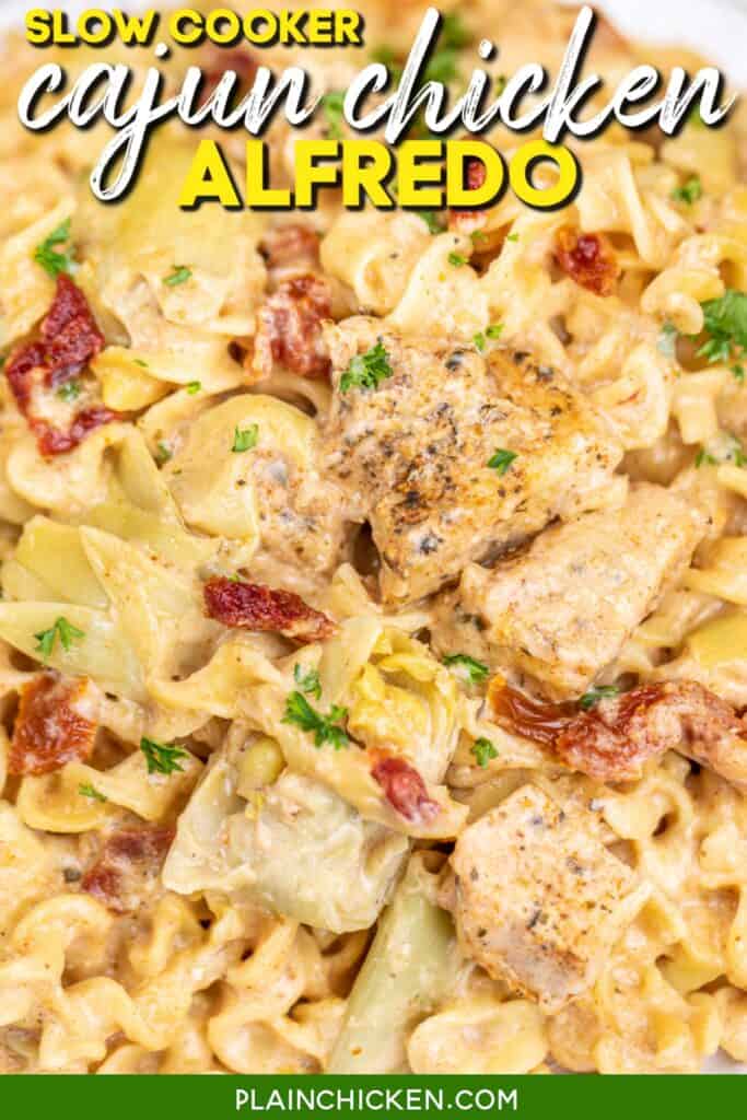 close up of chicken alfredo pasta with text overlay