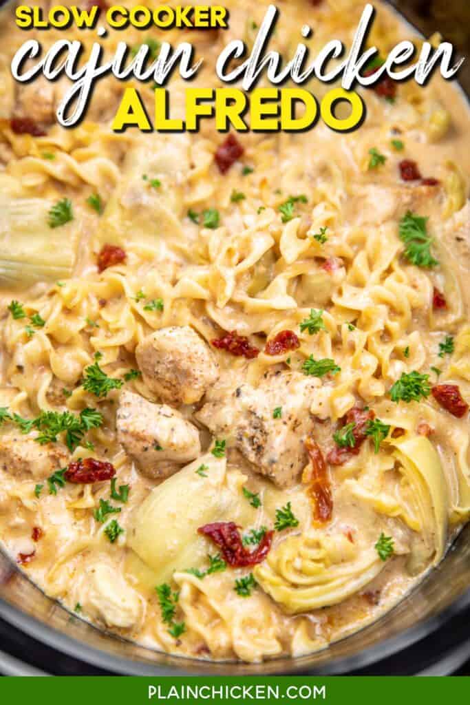 chicken alfredo pasta in the slow cooker with text overlay