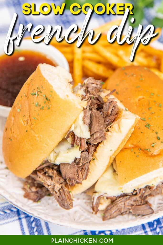 french dip sandwich on a plate with au jus with text overlay