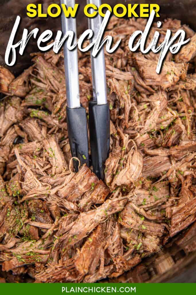 tongs in a slow cooker of french dip meat with text overlay