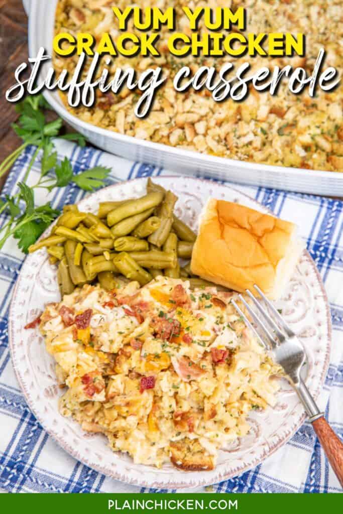 plate of chicken and stuffing casserole with green beans and a roll with text overlay