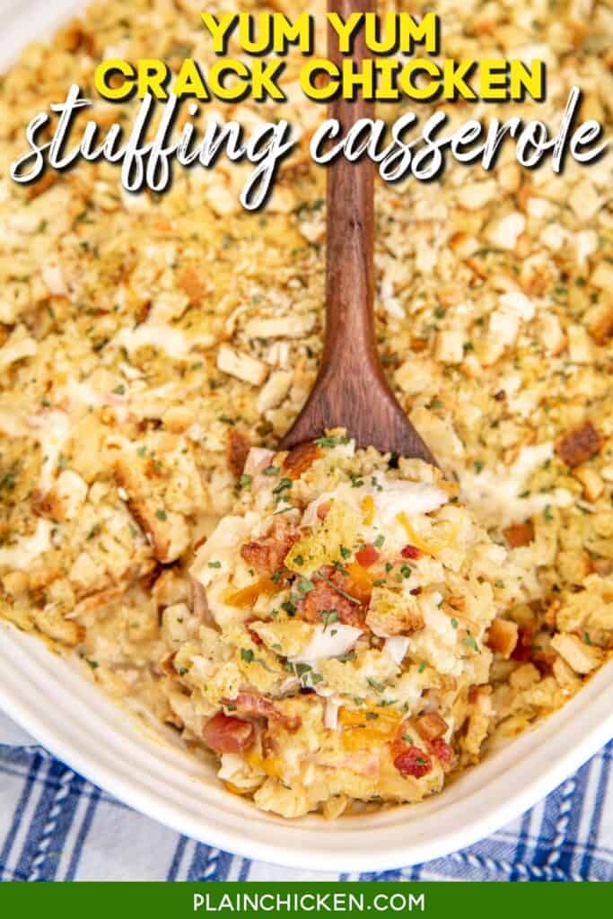 scooping chicken and stuffing casserole from baking dish with text overlay