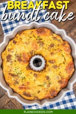 sausage and biscuit breakfast casserole in a bundt cake pan on a table with a blue checked tablecloth with text overlay