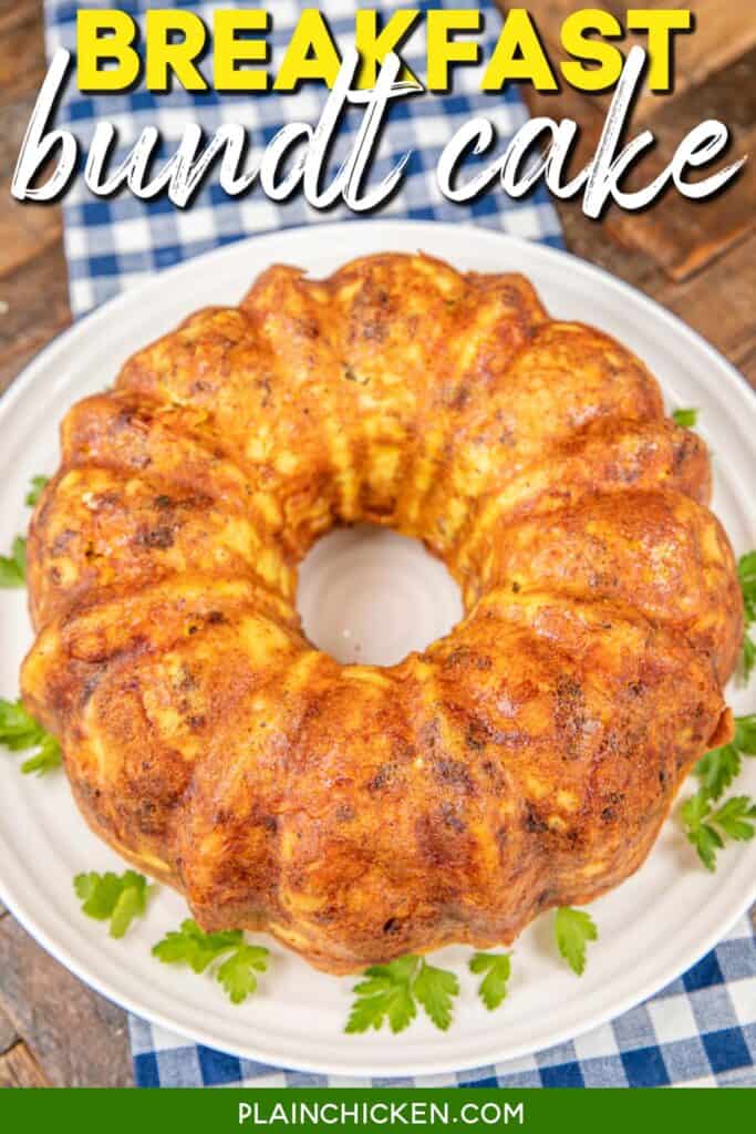 savory breakfast casserole in a bundt pan on a platter with text overlay