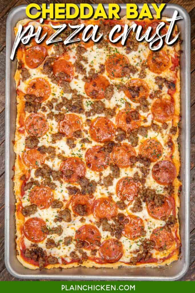 whole pizza in a baking sheet with text overlay