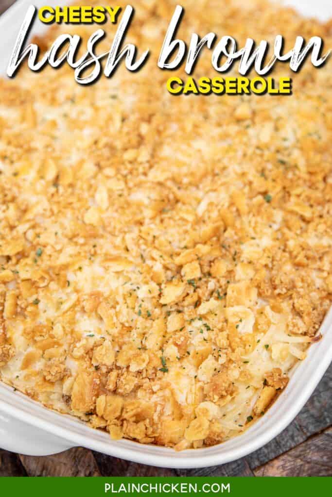 hash brown casserole in a baking dish with text overlay