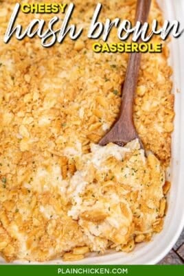 scooping hash brown casserole from baking dish with text overlay